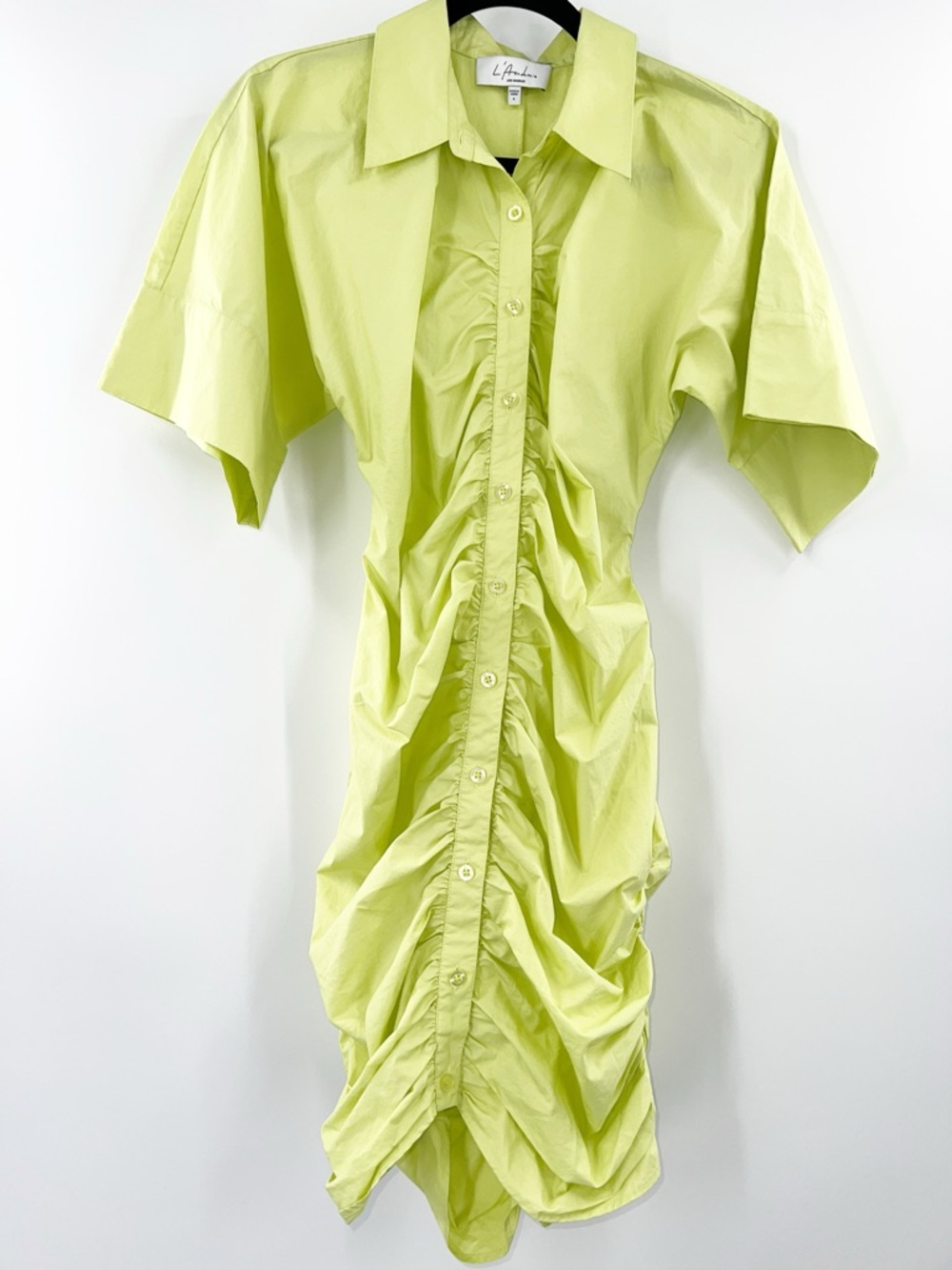 L'Academie Melissa Mini Dress in Lime Green Cotton Ruched size Small - Picture 3 of 7